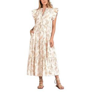 105$ Elan Tiered Pleated A Line Maxi Dress Ruffled Flutter Sleeves Size XS Beige